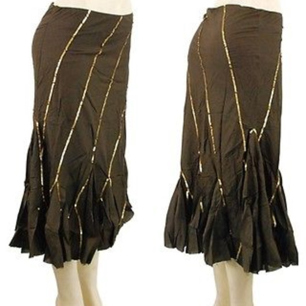 BROWN YAG PEASANT, BOHO, GYPSY SKIRT, GOLD SEQUINS